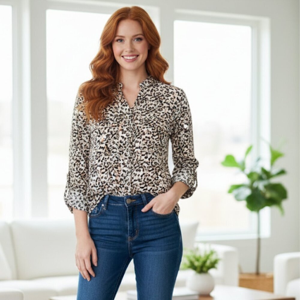 Jones New York Signature Leopard Print Button-Up Blouse - Size Small (S)